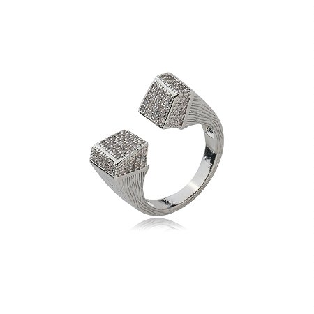 Anel cravejado de zirconia cristal banho em rodio branco