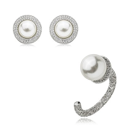 Conjunto de brinco e anel de pérola cravejado de zirconia cristal banho em rodio branco