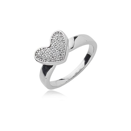Anel de coração com zirconia cristal banho em rodio branco