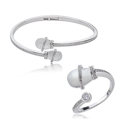 Conjunto de bracelete e anel de madre perola banho em rodio branco