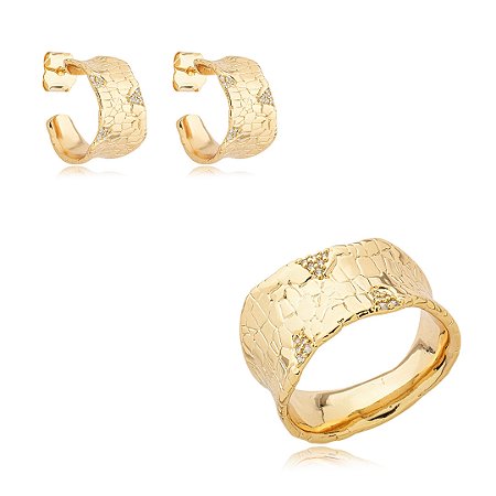 Conjunto de brinco e anel cravejado de zirconia cristal banho em ouro 18k