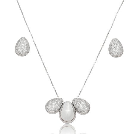 Conjunto de brinco e colar com zirconia cristal banho em rodio branco