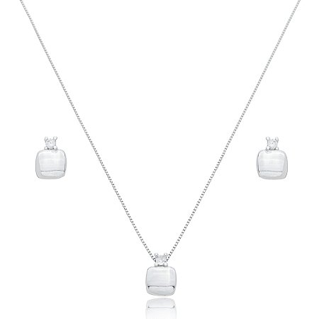 Conjunto de brinco e colar com zirconia cristal banho em rodio branco