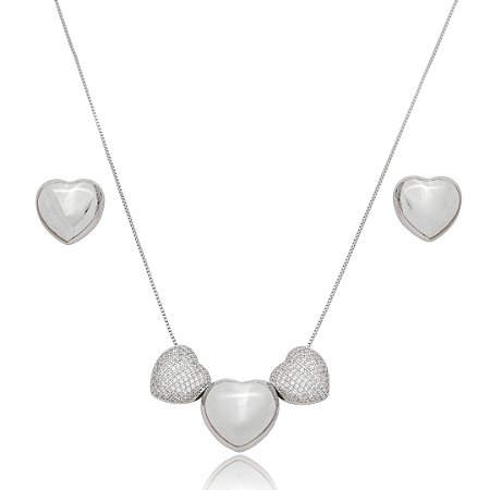 Conjunto de brinco e colar de coração cravejado de zirconia cristal banho em rodio branco
