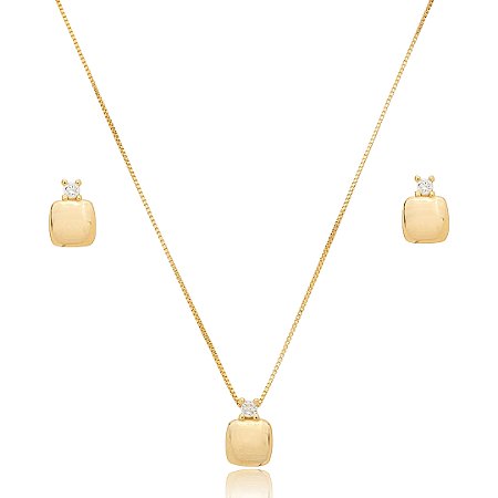 Conjunto de brinco e colar cravejado de zirconia cristal banho em ouro 18k