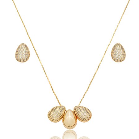 Conjunto de brinco e colar cravejado de zirconia cristal banho em ouro 18k