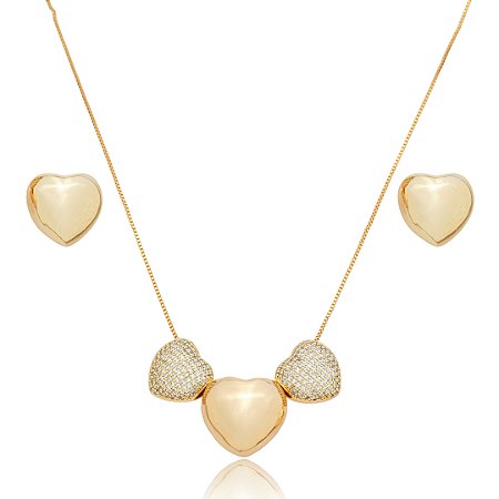 Conjunto de brinco e colar de coração cravejado de zirconia cristal banho em ouro 18k