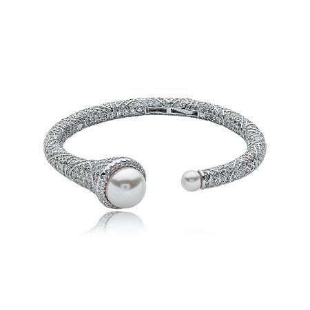 Bracelete de perola cravejado de zirconia cristal banho em rodio branco
