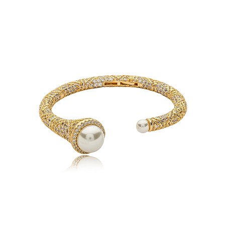 Bracelete de perola com zirconia cristal banho em ouro 18k