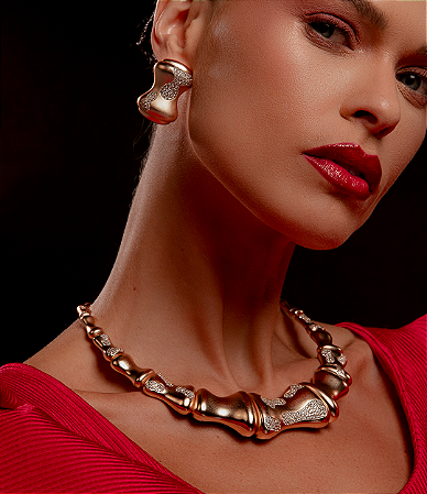 Conjunto de brinco e colar de luxo cravejado de zirconia cristal banho em ouro 18k