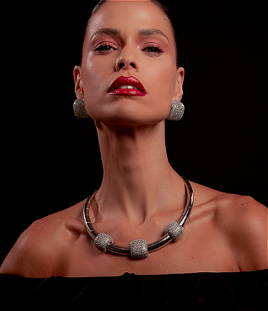 Conjunto de brinco e colar de luxo cravejado de zirconia cristal banho em rodio branco