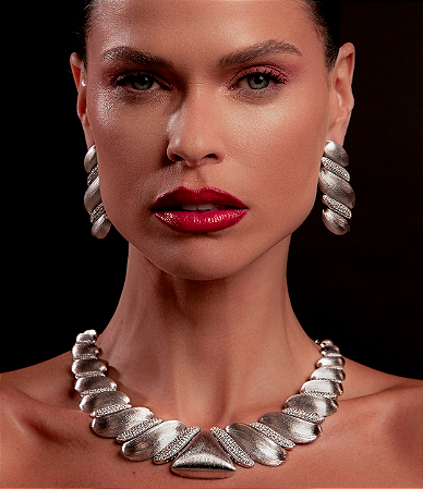 Conjunto de brinco e colar de luxo cravejado de zirconia cristal banho em rodio branco