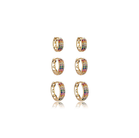 Brinco de trio com zirconia rainbow banho em ouro 18k