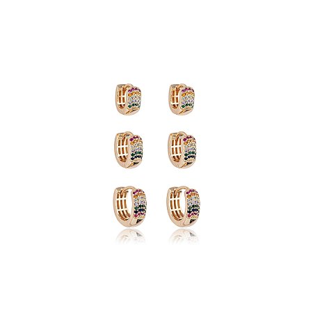 Brinco de trio com zirconia rainbow banho em ouro 18k