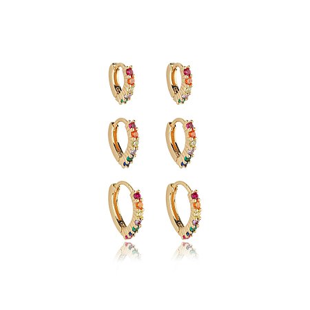 Brinco de trio com zirconia rainbow banho em ouro 18k