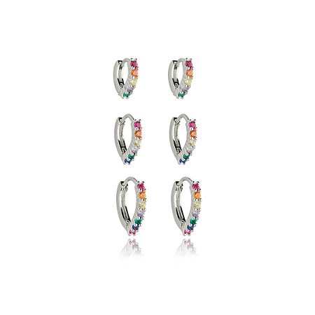 Brinco de trio com zirconia rainbow banho em rodio branco