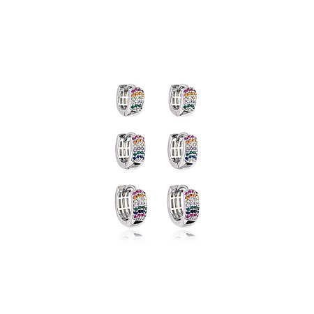 Brinco de trio com zirconia rainbow banho em rodio branco