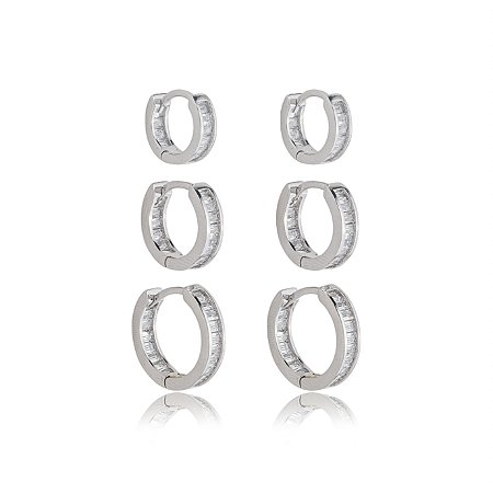 Brinco de trio com zirconia cristal banho em rodio branco