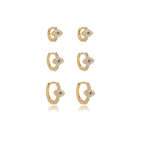Brinco de trio com zirconia cristal banho em ouro 18k