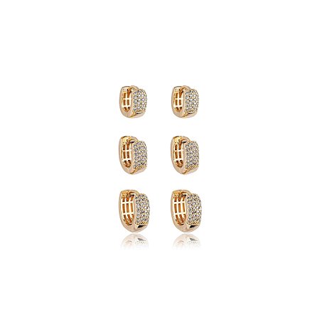 Brinco de trio com zirconia cristal banho em ouro 18k