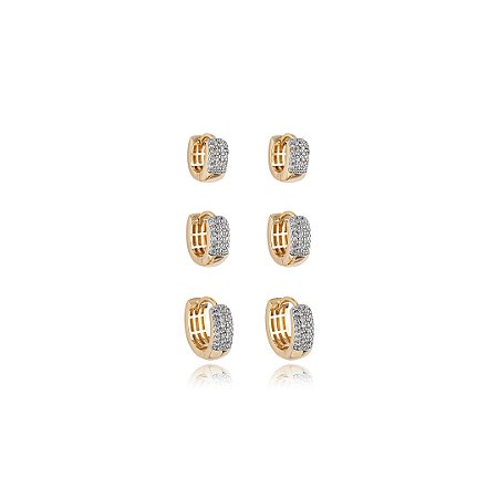 Brinco de trio com zirconia cristal banho em ouro 18k