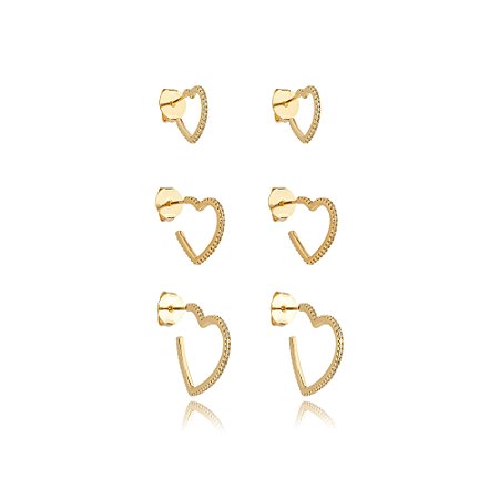 Brinco de trio de coração com zirconia cristal banho em ouro 18k