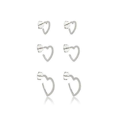 Brinco de trio de coração com zirconia cristal banho em rodio branco
