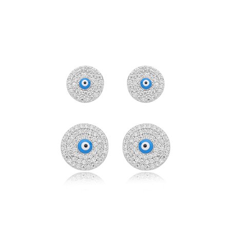 Brinco de base duplo cravejado de zirconia cristal banho em rodio branco