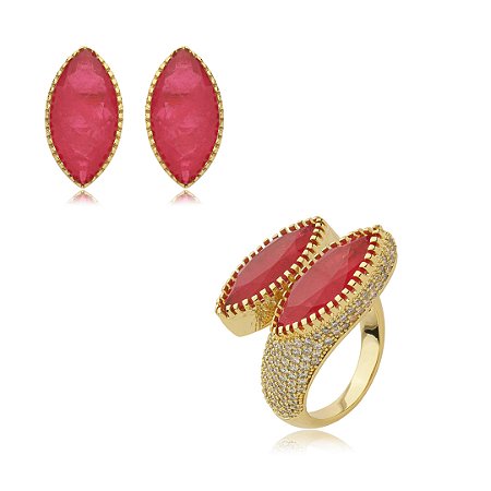 Conjunto de brinco e anel cravejado de zirconia e pedra fusion banho em ouro 18k