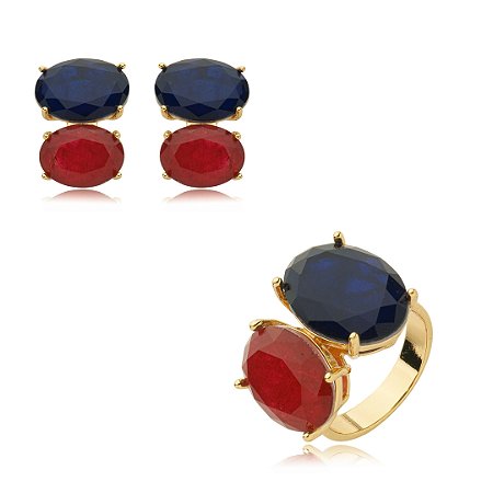 Conjunto de brinco e anel com pedra fusion banho em ouro 18k