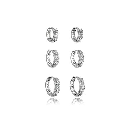 Brinco de trio com zirconia cristal banho em rodio branco