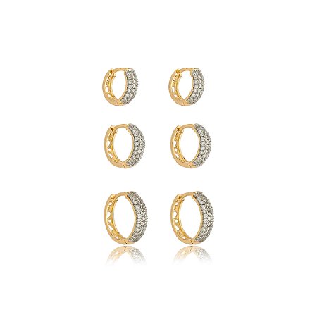 Brinco de trio com zirconia cristal banho em ouro 18k