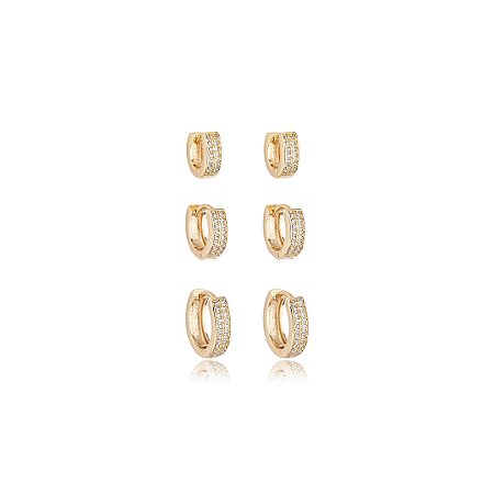 Brinco de trio com zirconia cristal banho em ouro 18k