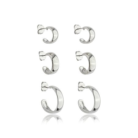 Brinco de trio liso banho em rodio branco
