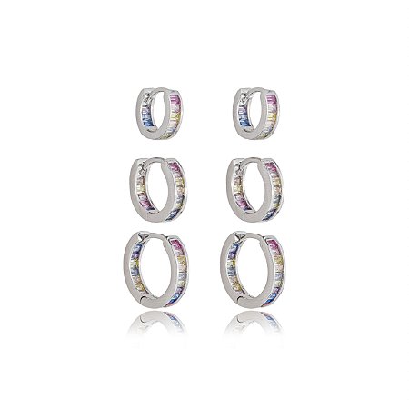 Brinco de trio com zirconia rainbow banho em rodio branco