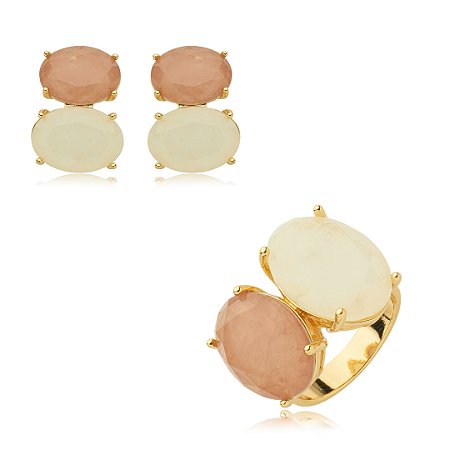 Conjunto de brinco e anel com pedra fusion banho em ouro 18k