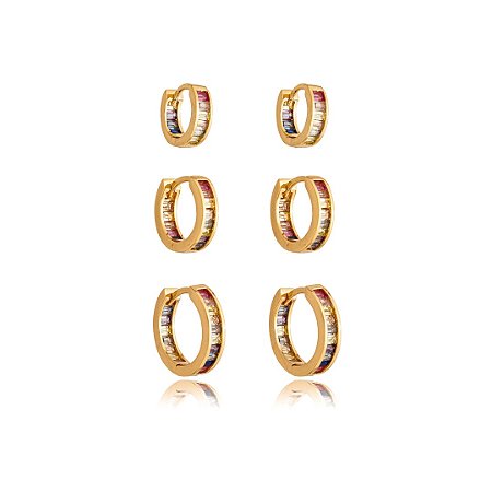 Brinco de trio com zirconia rainbow banho em ouro 18k
