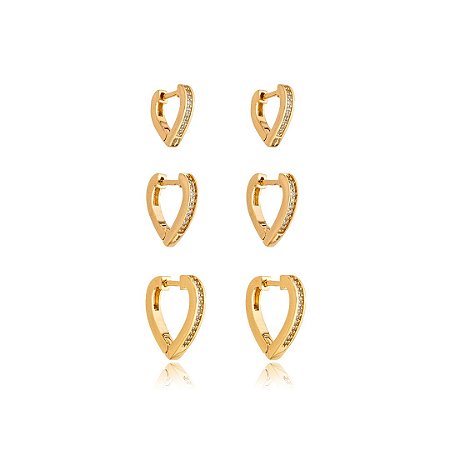 Brinco de trio de coração com zirconia cristal banho em ouro 18k