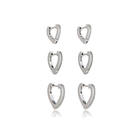 Brinco de trio de coração com zirconia cristal banho em rodio branco