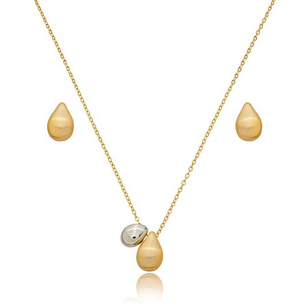 Conjunto de brinco e colar liso banho duplo