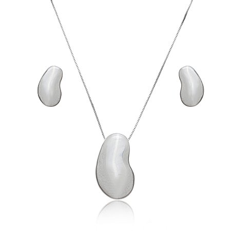 Conjunto de brinco e colar liso banho em rodio branco