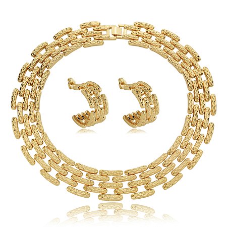 Conjunto de brinco e colar liso banho em ouro 18k