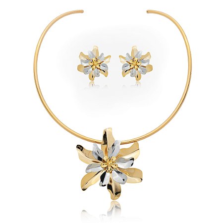 Conjunto de brinco e colar de flor liso banho duplo