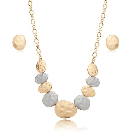 Conjunto de brinco e colar liso acetinado banho duplo