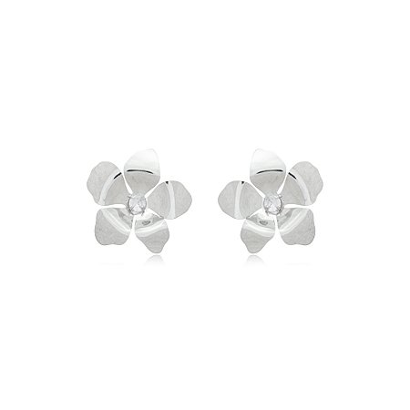 Brinco de flor liso com zirconia banho em rodio branco