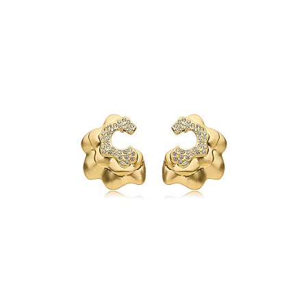 Brinco liso acetinado cravejado de zirconia cristal banho em ouro 18k