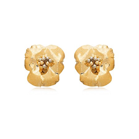Brinco de flor dourado liso banho em ouro 18k