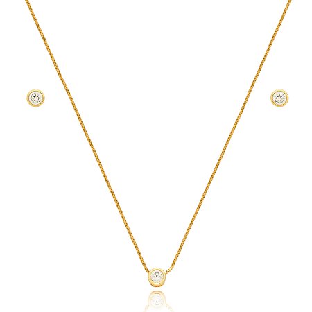 Conjunto de brinco e colar cravejado de zirconia cristal banho em ouro 18k