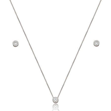 Conjunto de brinco e colar cravejado de zirconia cristal banho em rodio branco