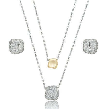 Conjunto de brinco e colar cravejado de zirconia cristal banho em rodio branco